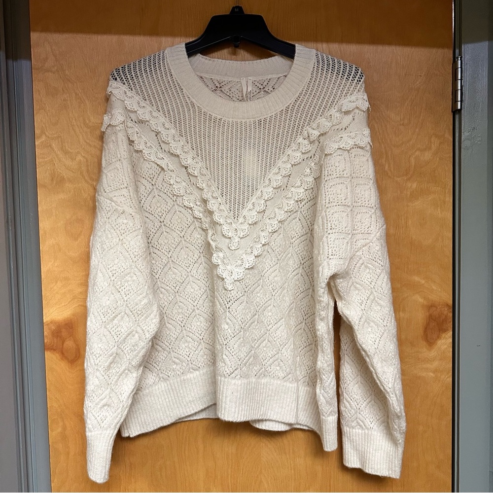 Anthropologie Ivory Ruffle Eyelet Sweater 1X